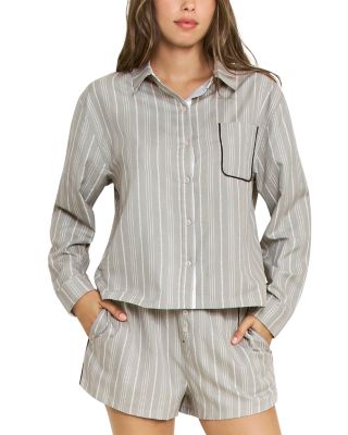 Honeydew Nap Era Long Sleeve Shirt & Shorts Pajama Set In Soft Olive Stripe