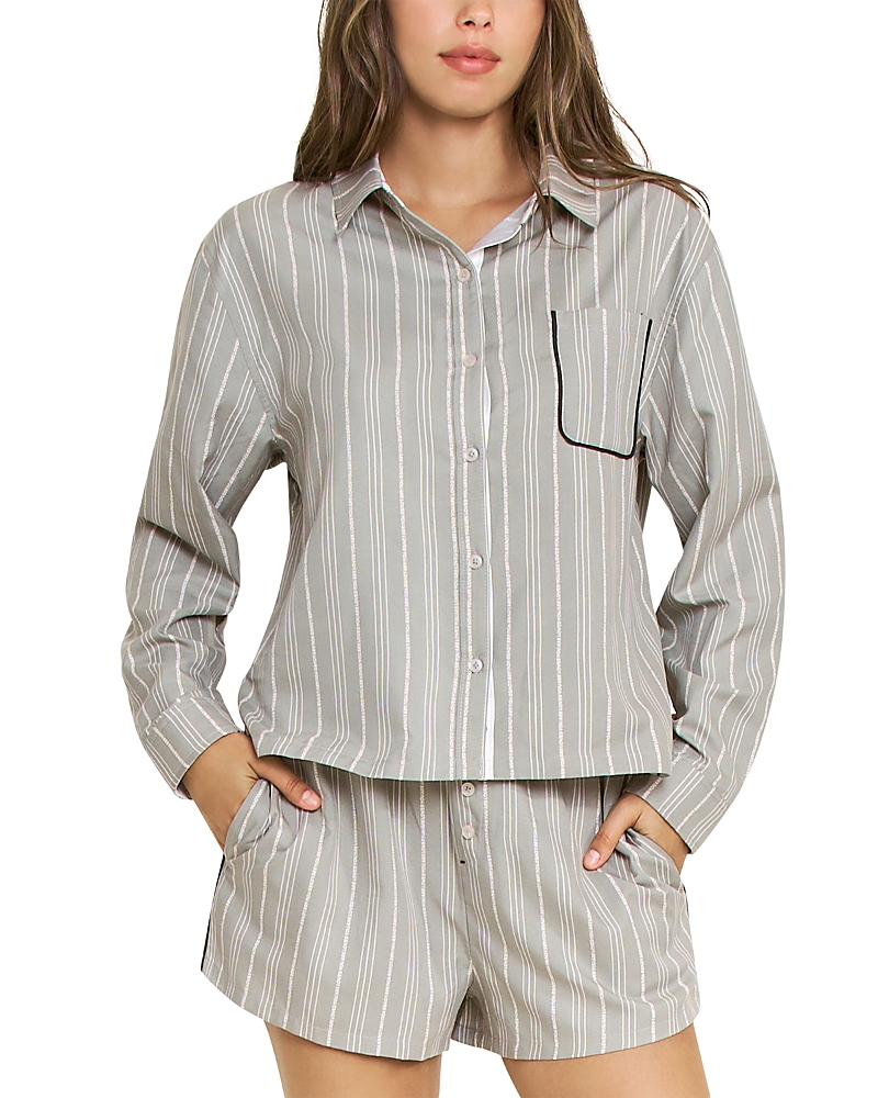 Honeydew Nap Era Long Sleeve Shirt & Shorts Pajama Set In Soft Olive Stripe