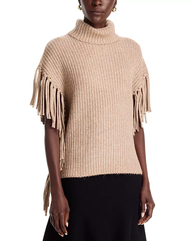 T Tahari Turtleneck Fringe Poncho Sweater