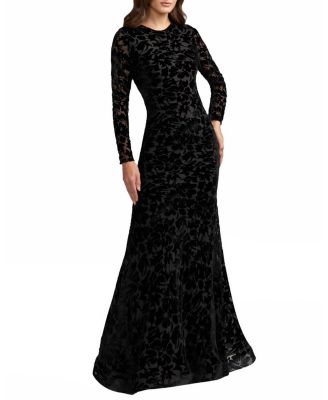 Mac Duggal High Neck Long Sleeve Floral Velvet Gown