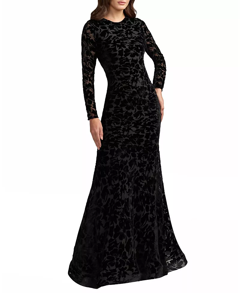 Mac Duggal High Neck Long Sleeve Floral Velvet Gown