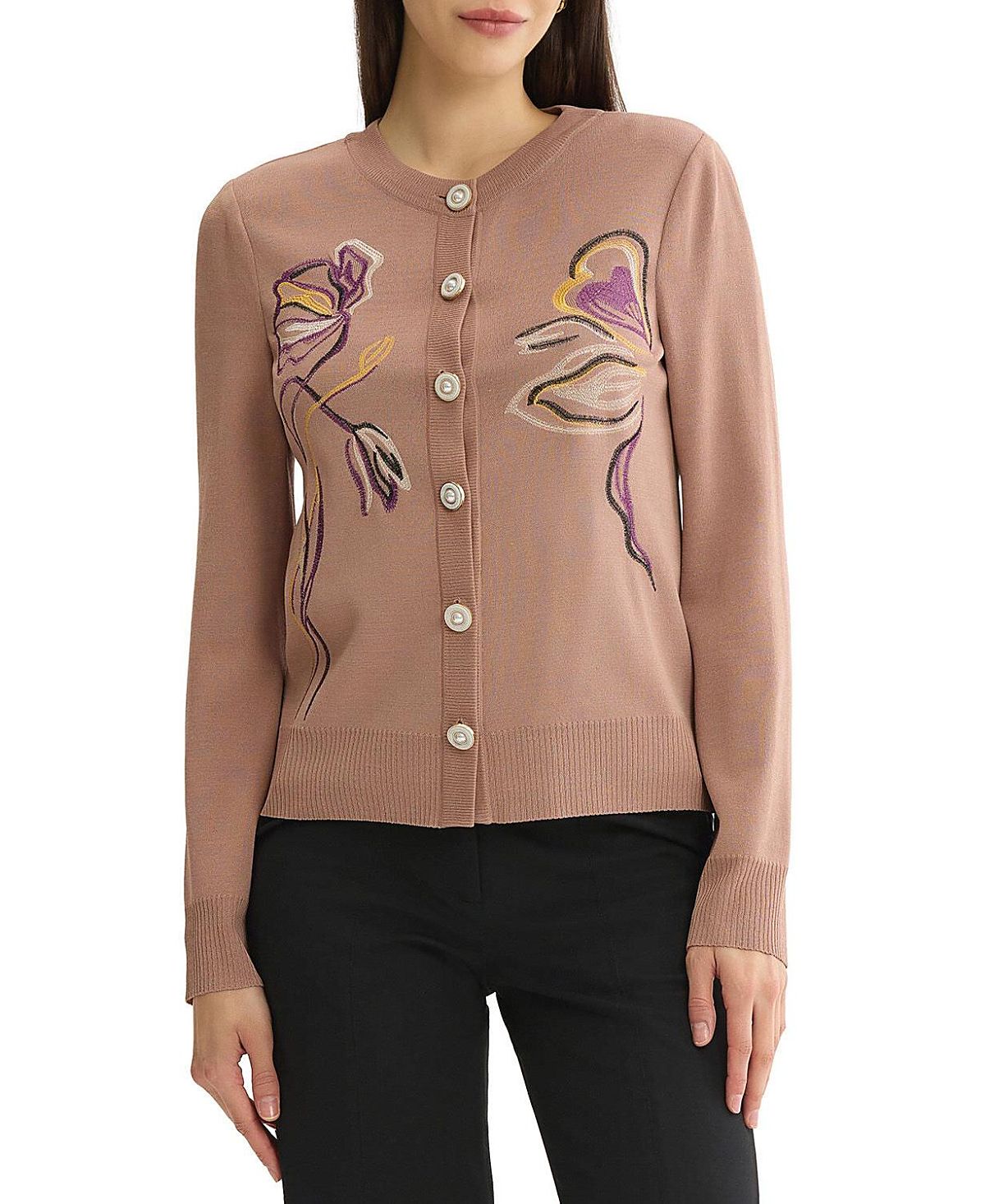 Misook Relaxed Floral Embroidered Knit Cardigan