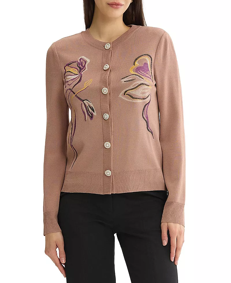 Misook Relaxed Floral Embroidered Knit Cardigan
