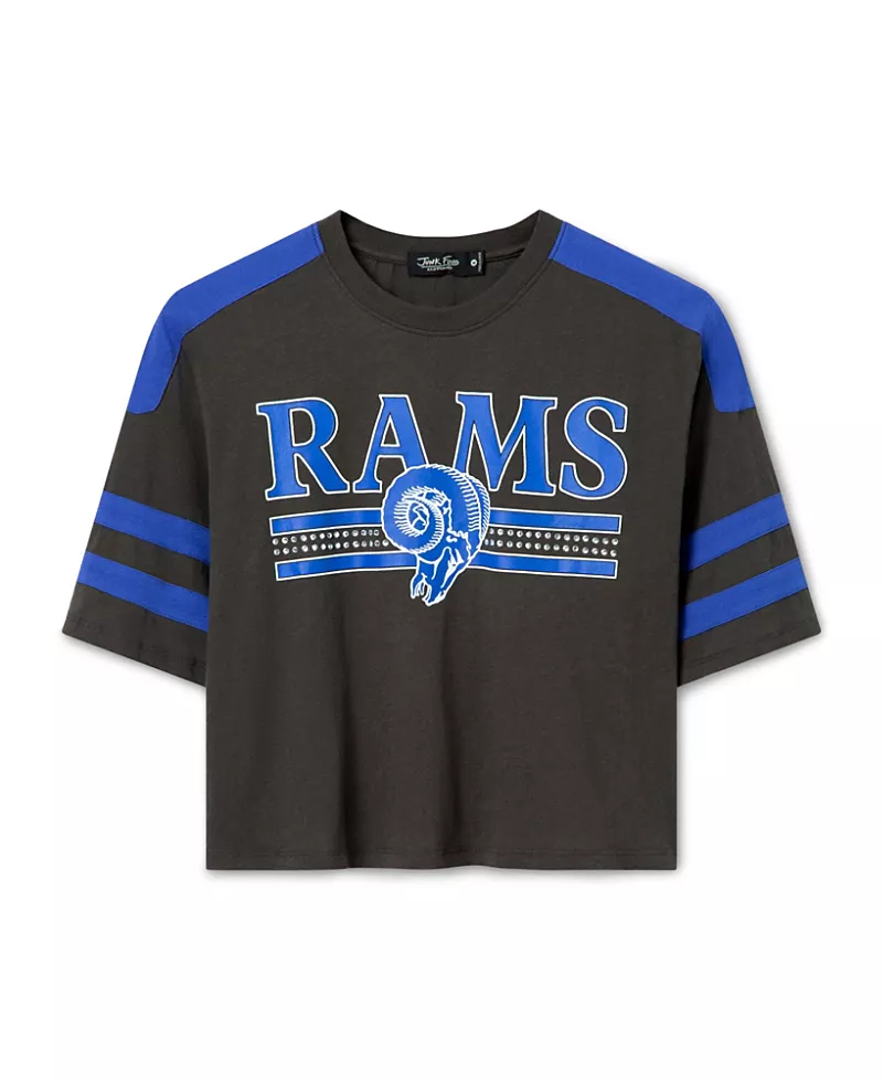 Junk Food Clothing Women's Los Angeles Rams Striped Bling Crop Tee