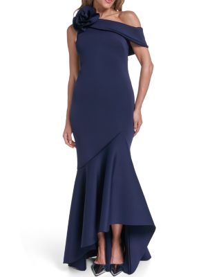 One Shoulder Rosette Trim Ruffle Hem Gown 