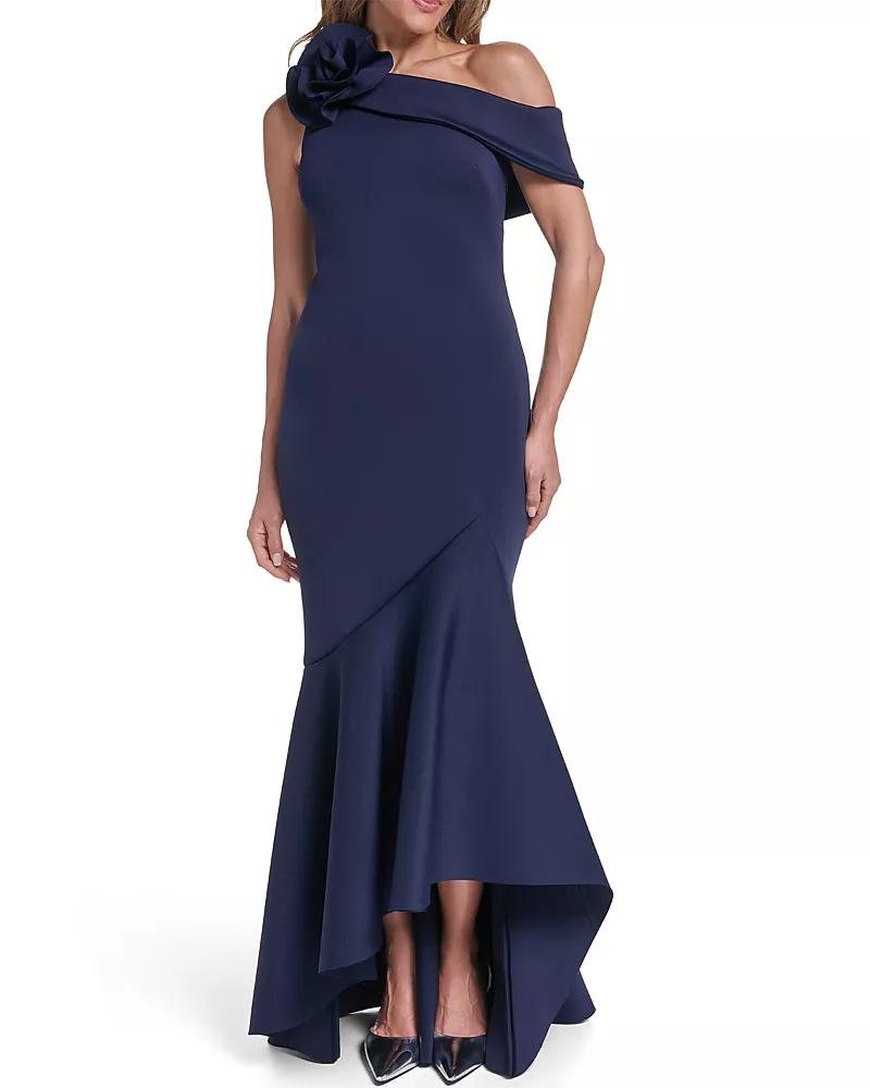 Eliza J One Shoulder Rosette Trim Ruffle Hem Gown