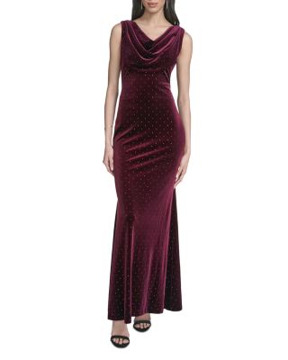 Velvet Embellished Drape Neck Gown