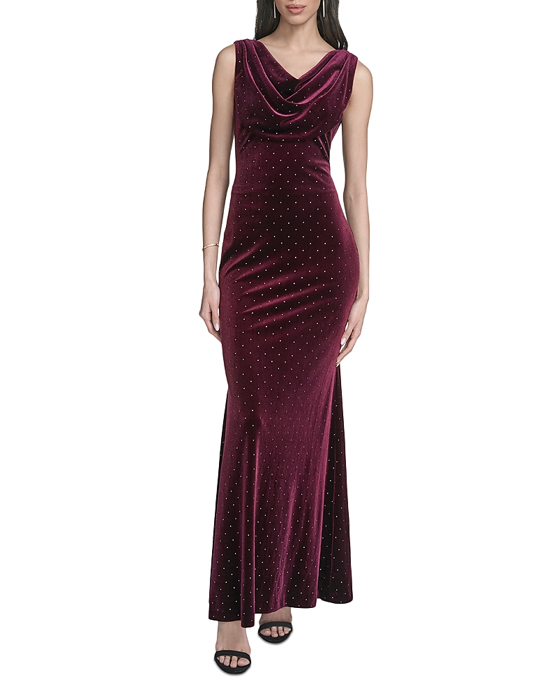 Eliza J Velvet Embellished Drape Neck Gown