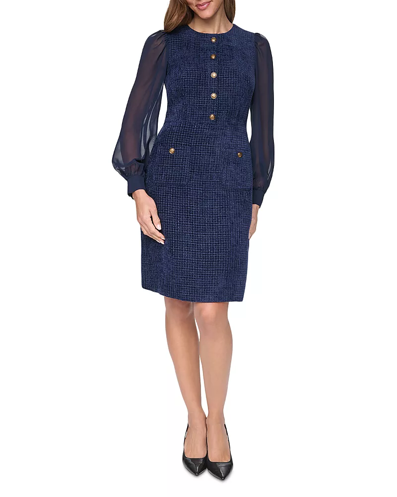 Eliza J Tweed Jewel Neck Contrast Sleeve Sheath Dress