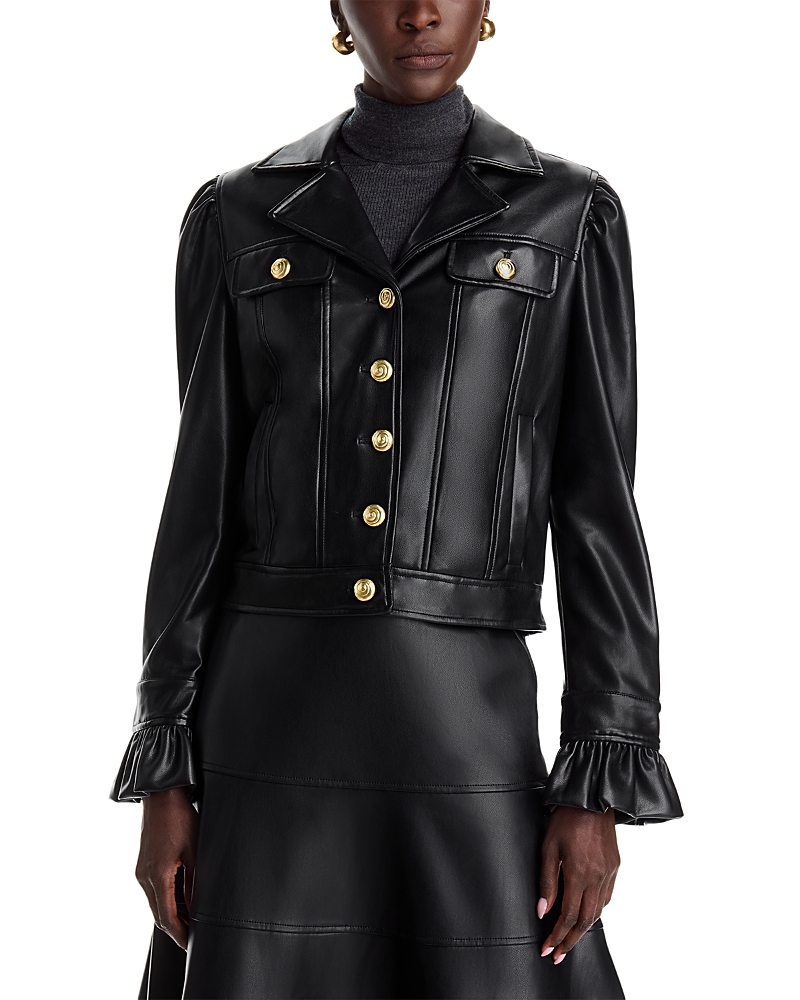 Dolce Cabo Faux Leather Ruffle Trim Jacket In Black