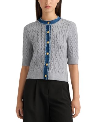 Denim Trim Cable Knit Short Sleeve Sweater