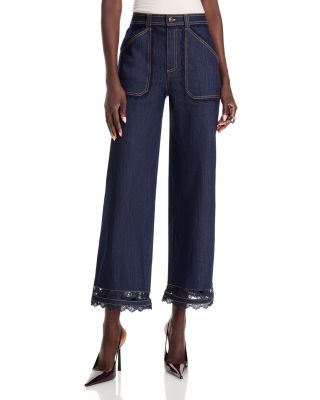 Cinq a Sept Benji Guipure Lace Trim Mid Rise Wide Leg Jeans in Indigo