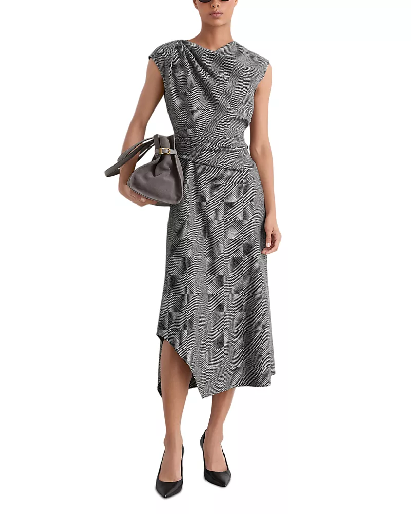Reiss Clara Houndstooth Check Tailored Midi Dress
