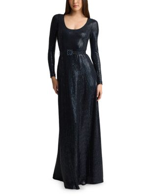 Belted Deep Scoop Neck Metallic Gown