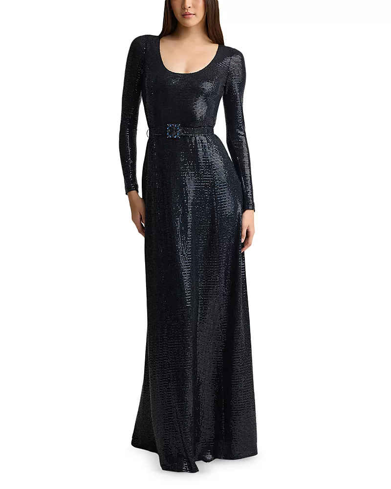 St. John Belted Deep Scoop Neck Metallic Gown