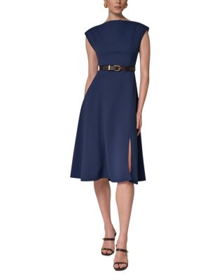 Cap Sleeve Boat Neck Belted A Line Dress - thumbnail 2