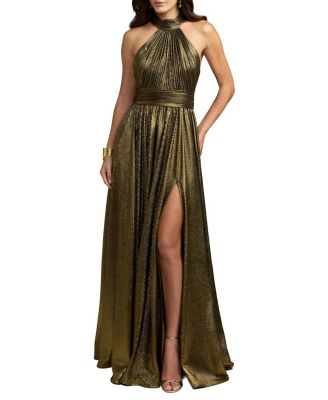  Metallic Pleated Mock Neck Gown