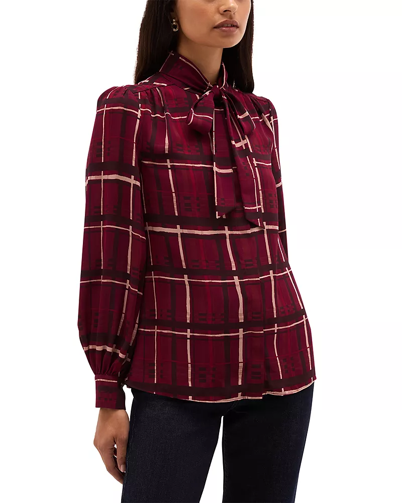 Hobbs London Aisha Plaid Tie Neck Blouse
