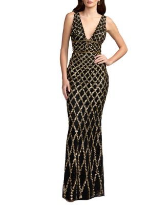  Sequined Plunge Neck Sleeveless Column Gown