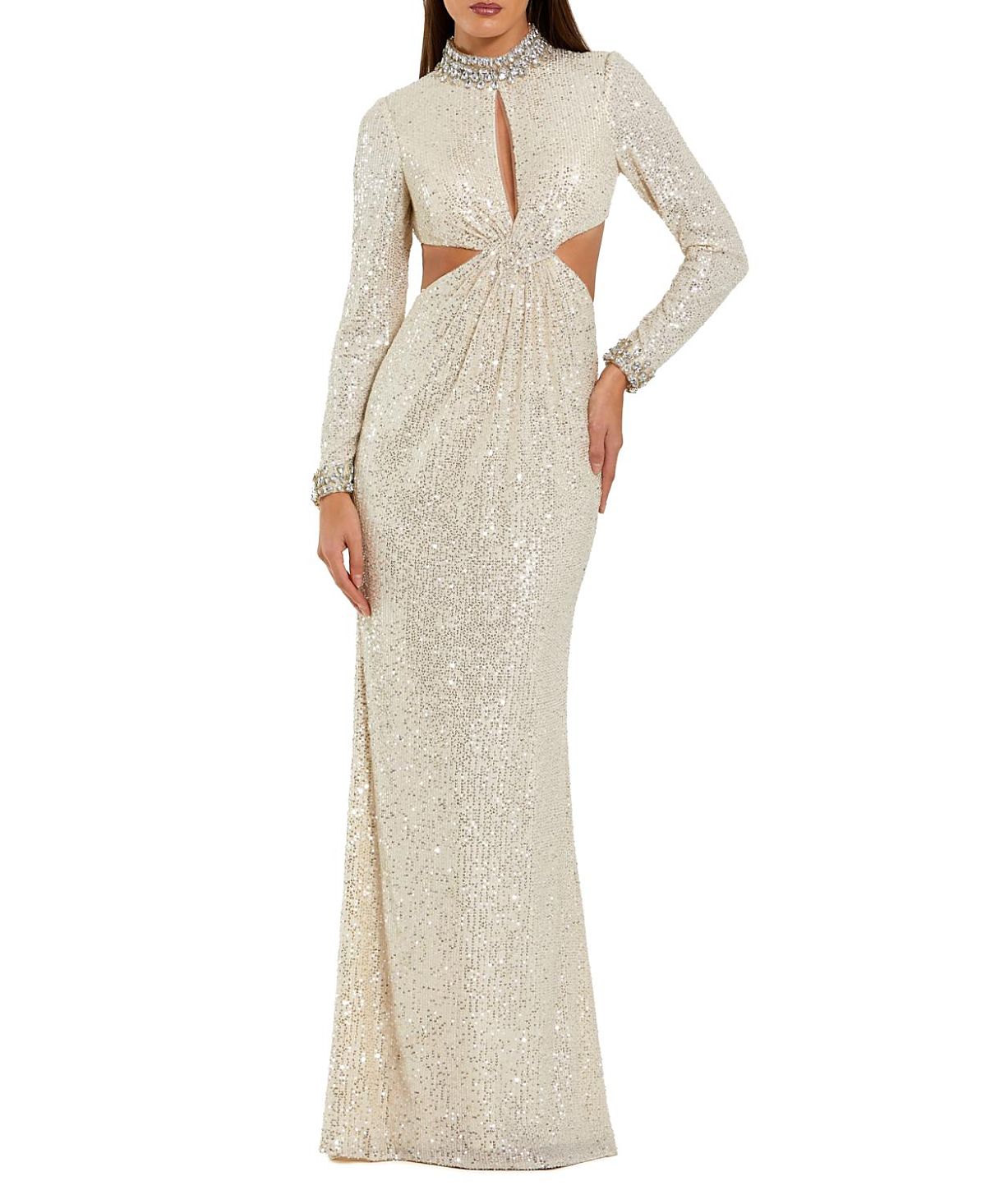 Mac Duggal Long Sleeve Sequin Gown With Cut Outs