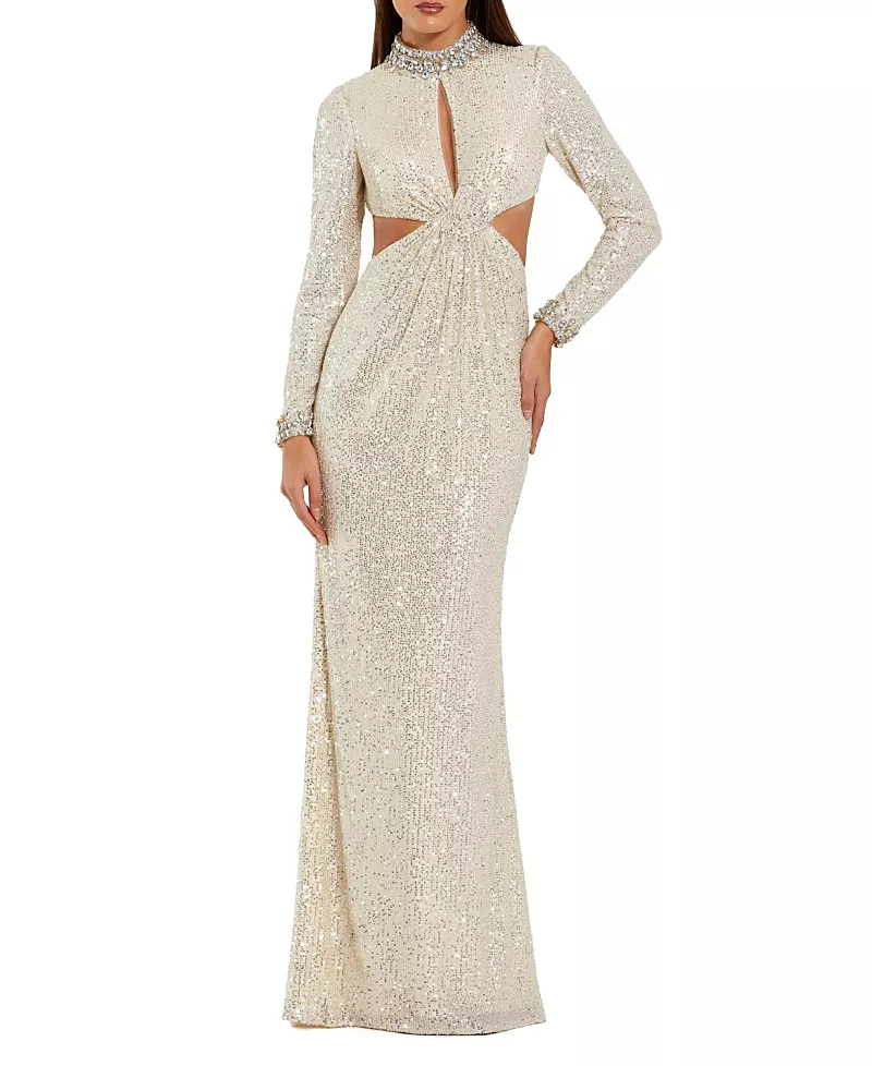 Mac Duggal Long Sleeve Sequin Gown With Cut Outs