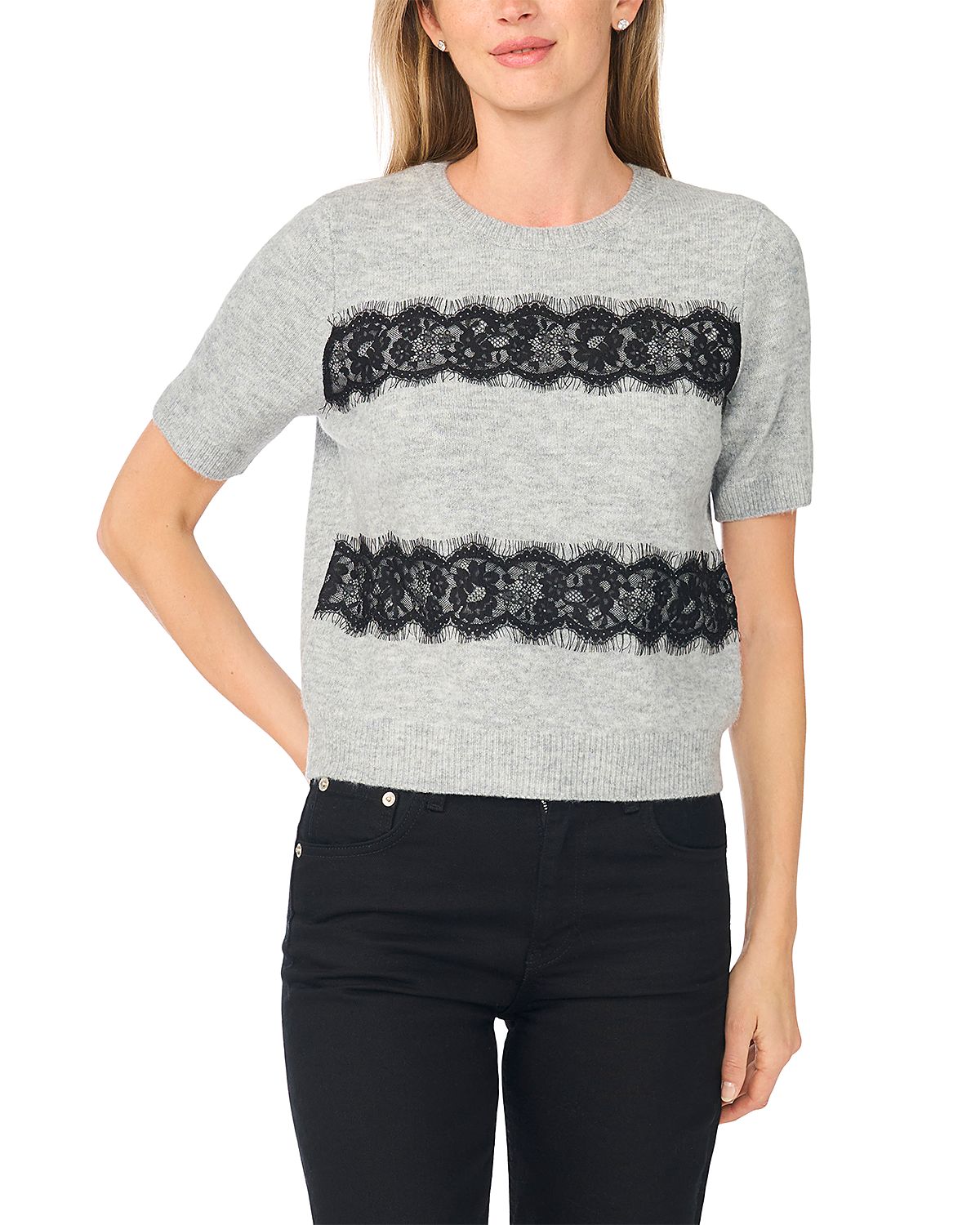 CeCe Lace Panel Short Sleeve Sweater
