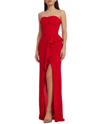 Dress The Population Kai Strapless Sweetheart Peplum High Slit Gown In Rouge