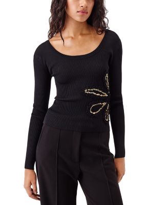 Tressé Tresse Long Sleeve Knit Beaded Floral Top In Black