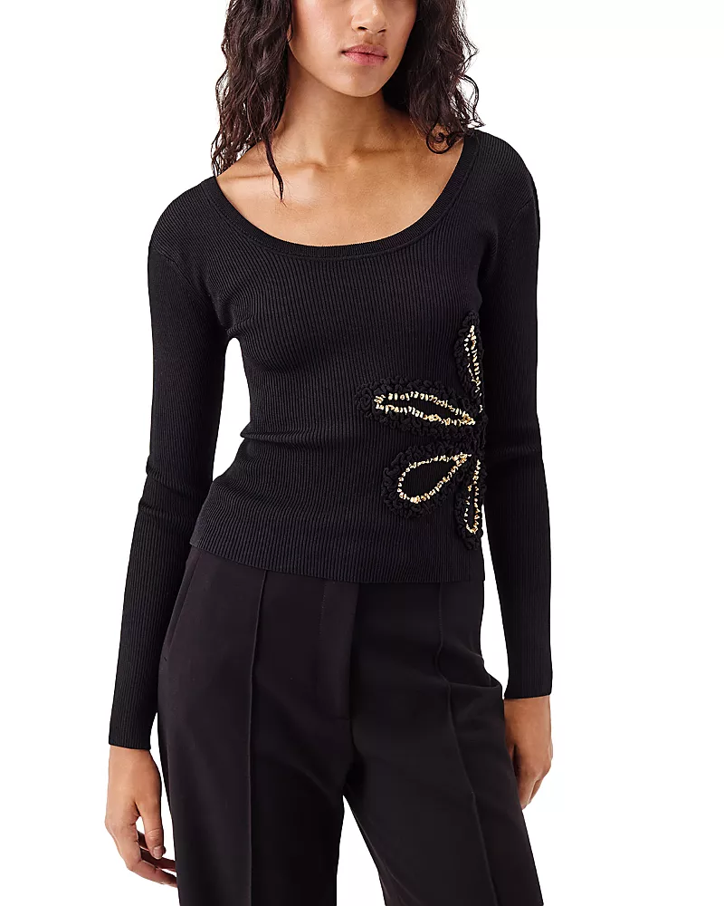 TRESSE Long Sleeve Knit Beaded Floral Top