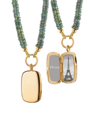 18K Yellow Gold Slim Lockets Green Sapphire Beaded Chain Rectangular Pendant Necklace, 16-18"