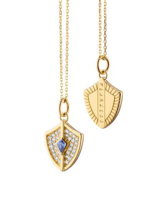 18K Yellow Gold Diamond & Blue Sapphire Mini Fearless Shield Necklace, 17"