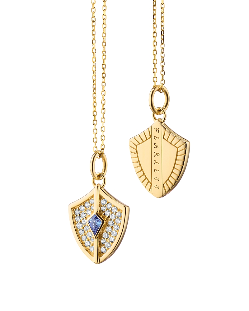 Monica Rich Kosann 18K Yellow Gold Diamond & Blue Sapphire Mini Fearless Shield Necklace, 17