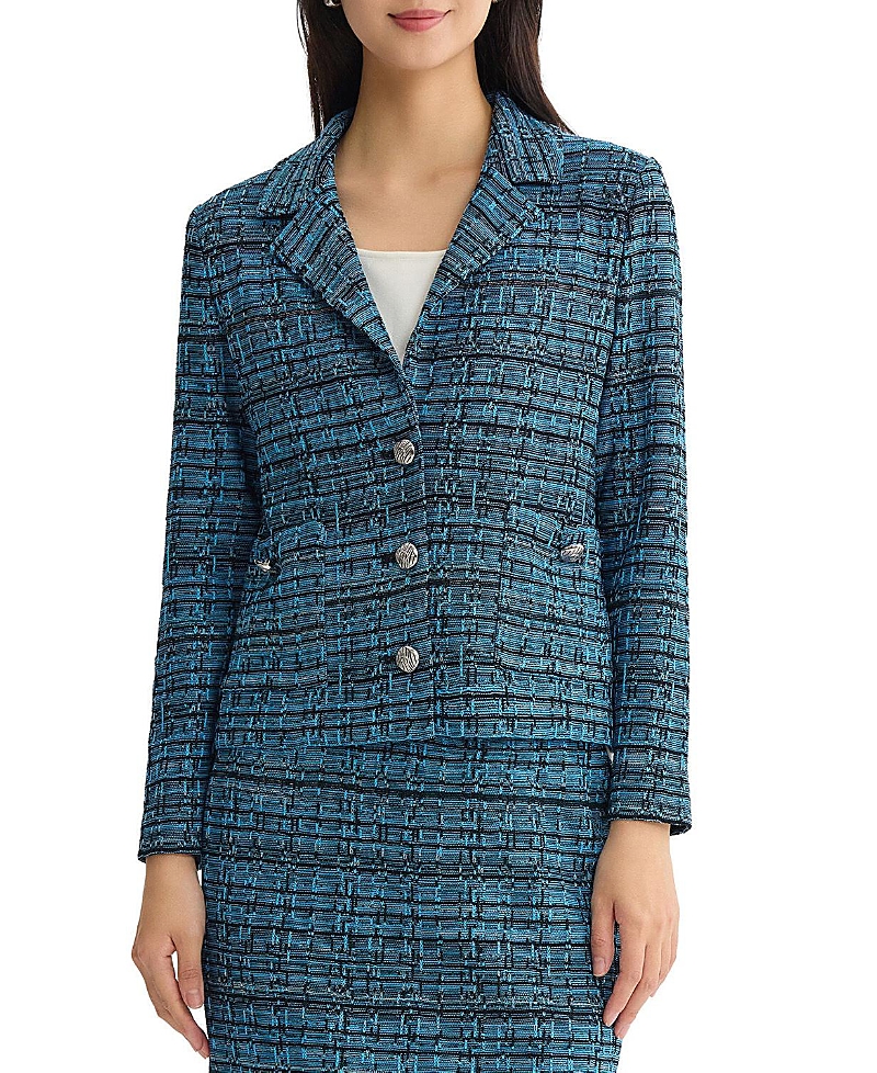 Ming Wang Lapel Collar Tweed Knit Jacket In Deep Teal/tranquil Blue/black