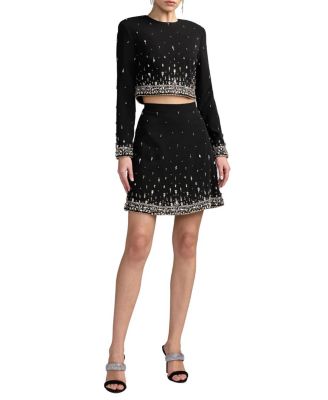  Beaded Crepe Long Sleeve Top And Mini Skirt Set
