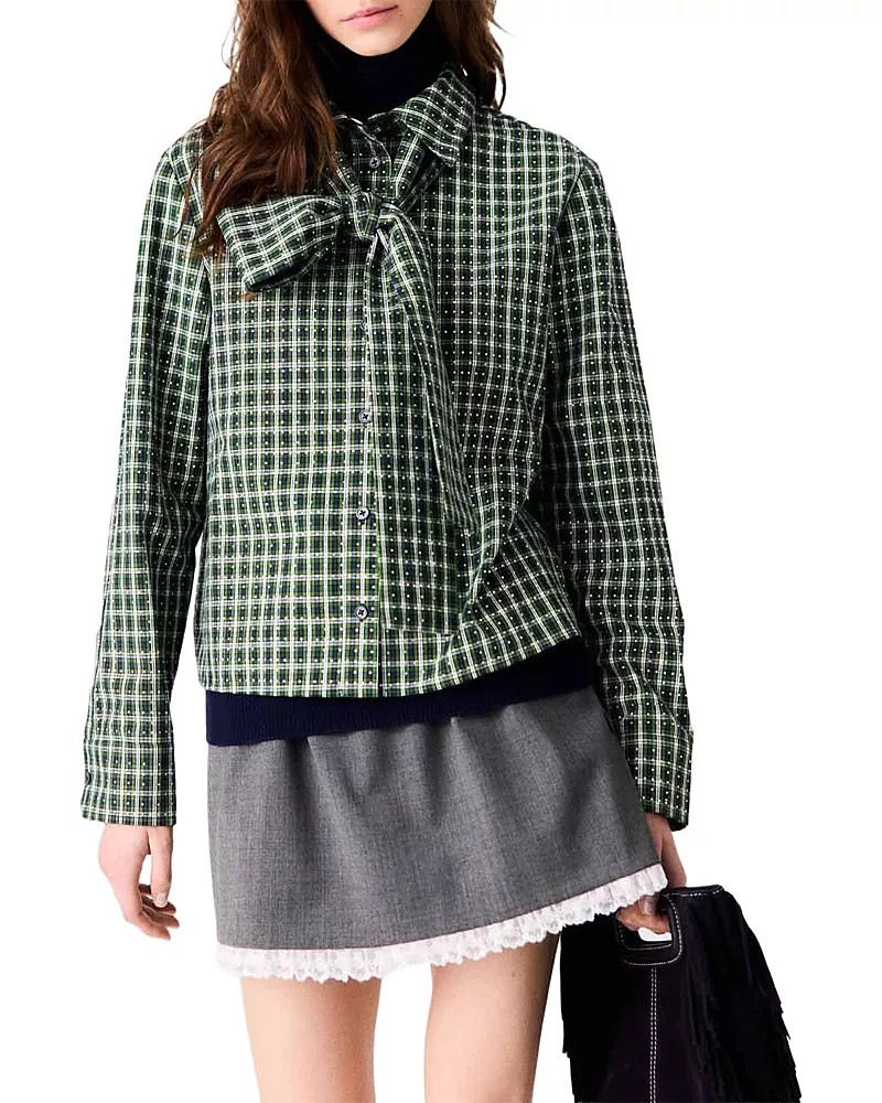 Maje Cotton Check Rhinestone Shirt