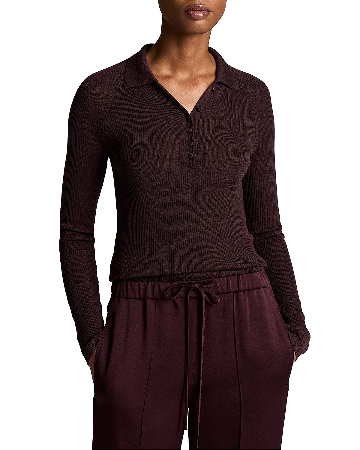 Vince Wool Silk Ribbed Raglan Polo Top