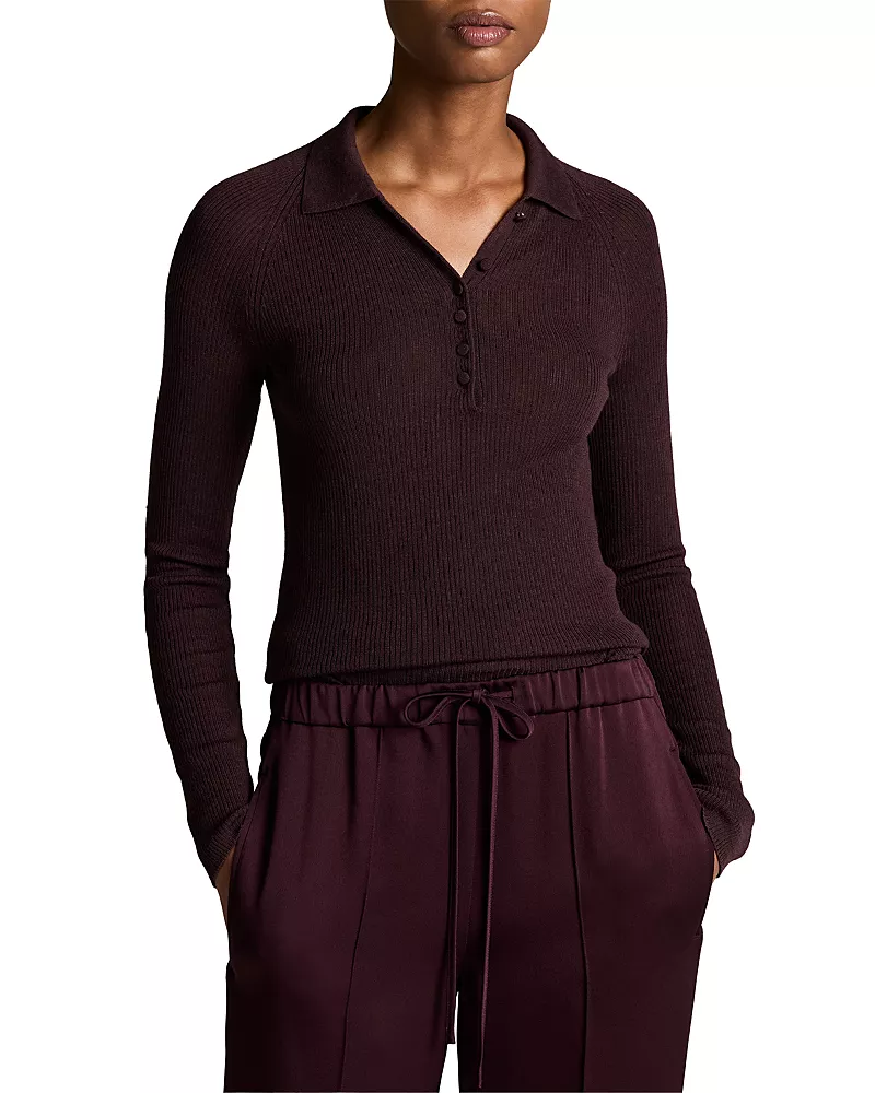 Vince Wool Silk Ribbed Raglan Polo Top