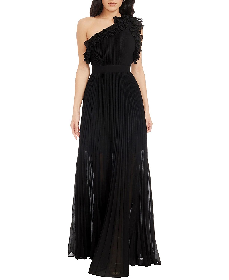 Dress The Population Vida One Shoulder Pleated Ruffle Gown In Black