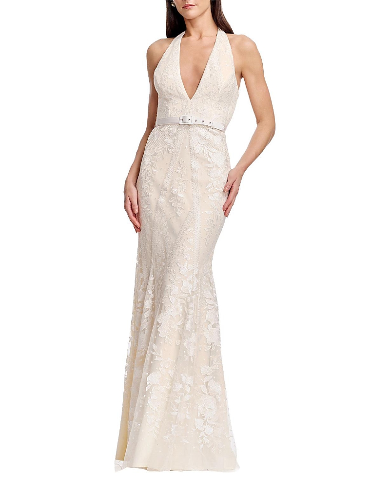 Dress The Population Devin Embroidered Halter Dress In Off White