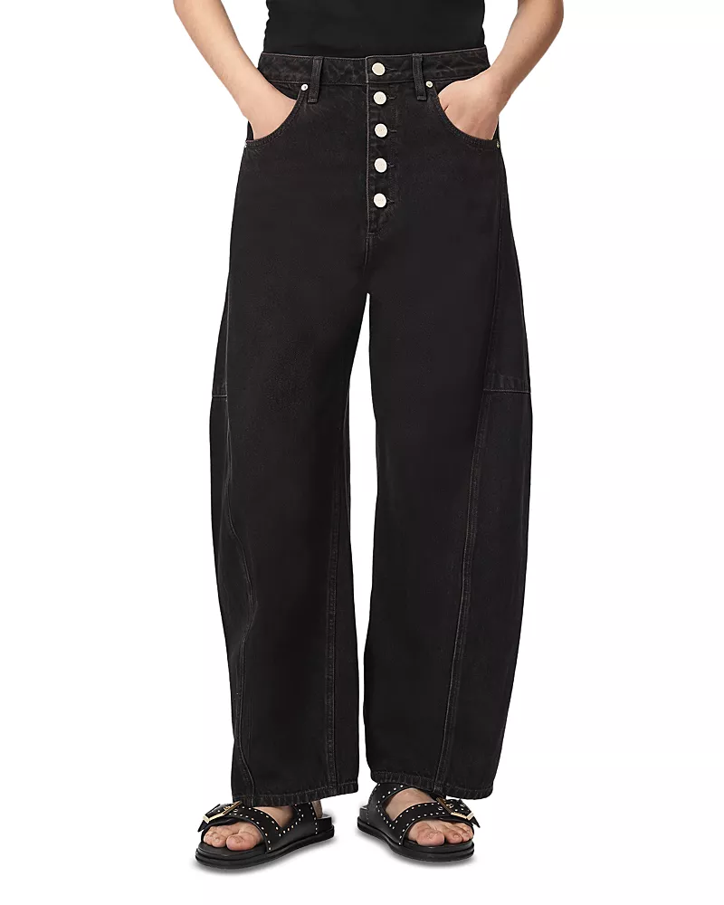 Allsaints Carter Button Fly Mid Rise Barrel Jeans in Overdyed Brown