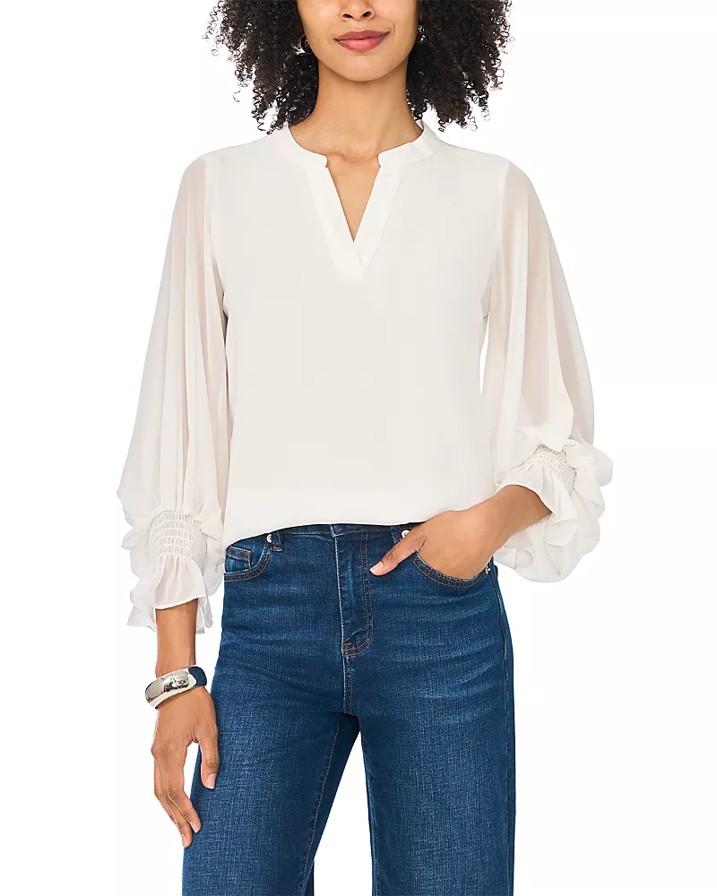 Vince Camuto Split Neck Sheer Sleeve Ruffled Cuff Top
