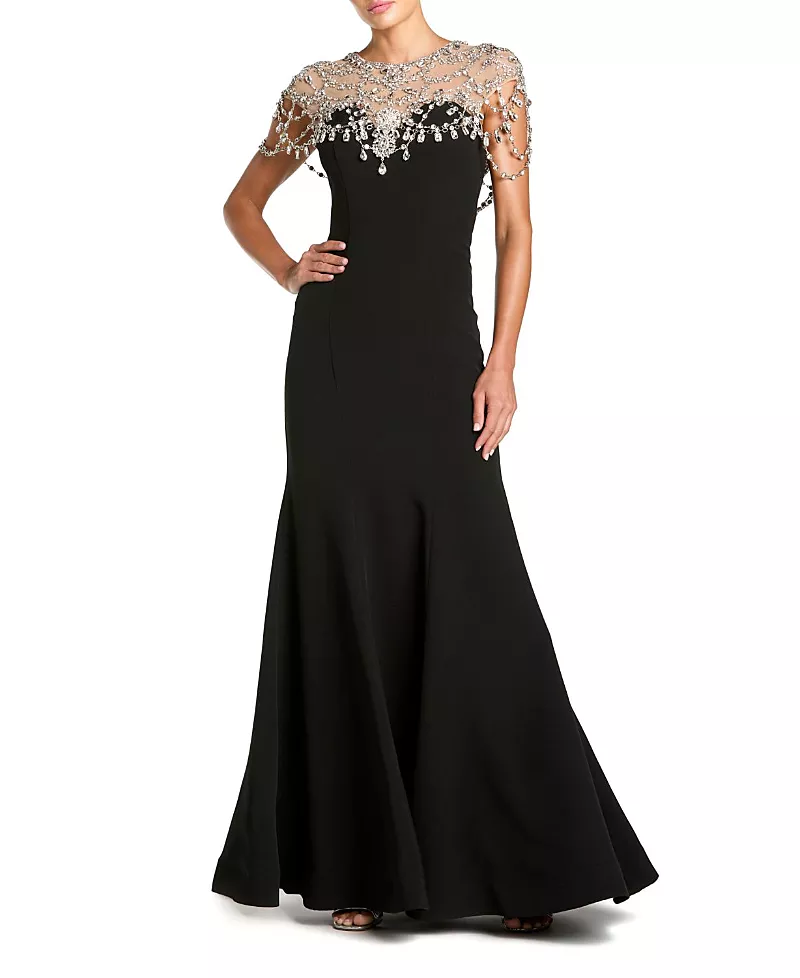 Mac Duggal Beaded Crepe Sleeveless Mermaid Gown
