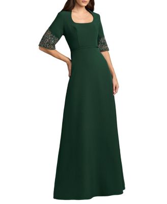 Petite Scoop Neck Beaded Cuff Crepe Gown