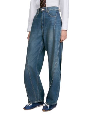 Topstitched Wide Leg Panel Jeans in Blue Jean