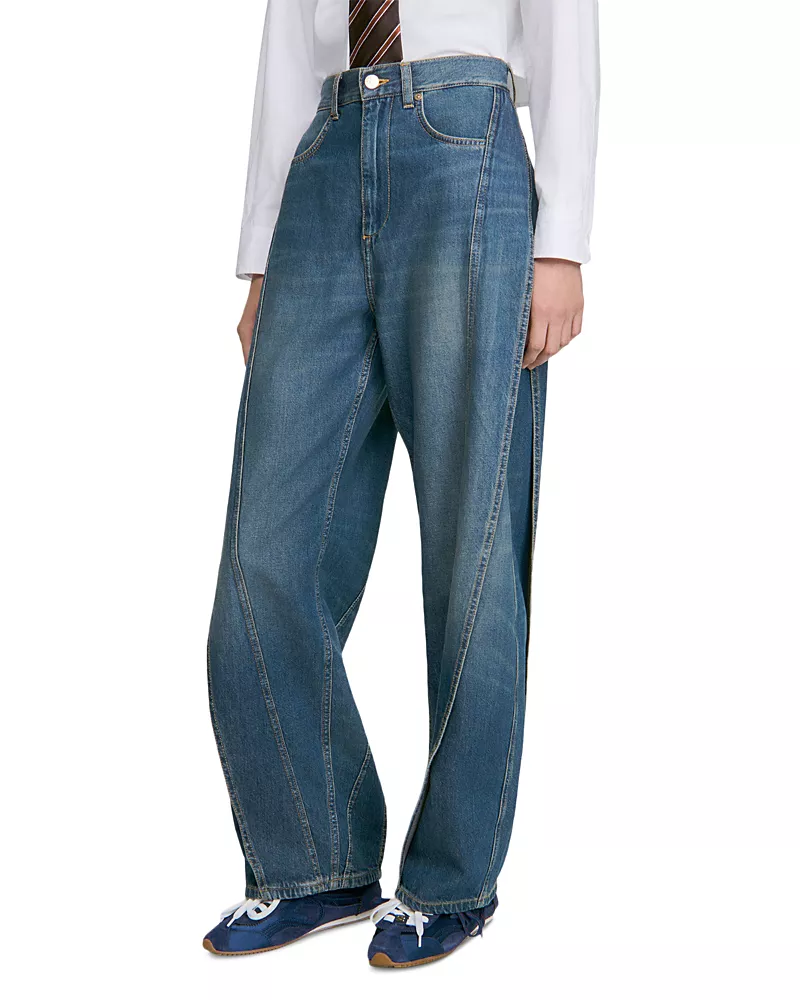 Sandro Topstitched Wide Leg Panel Jeans in Blue Jean