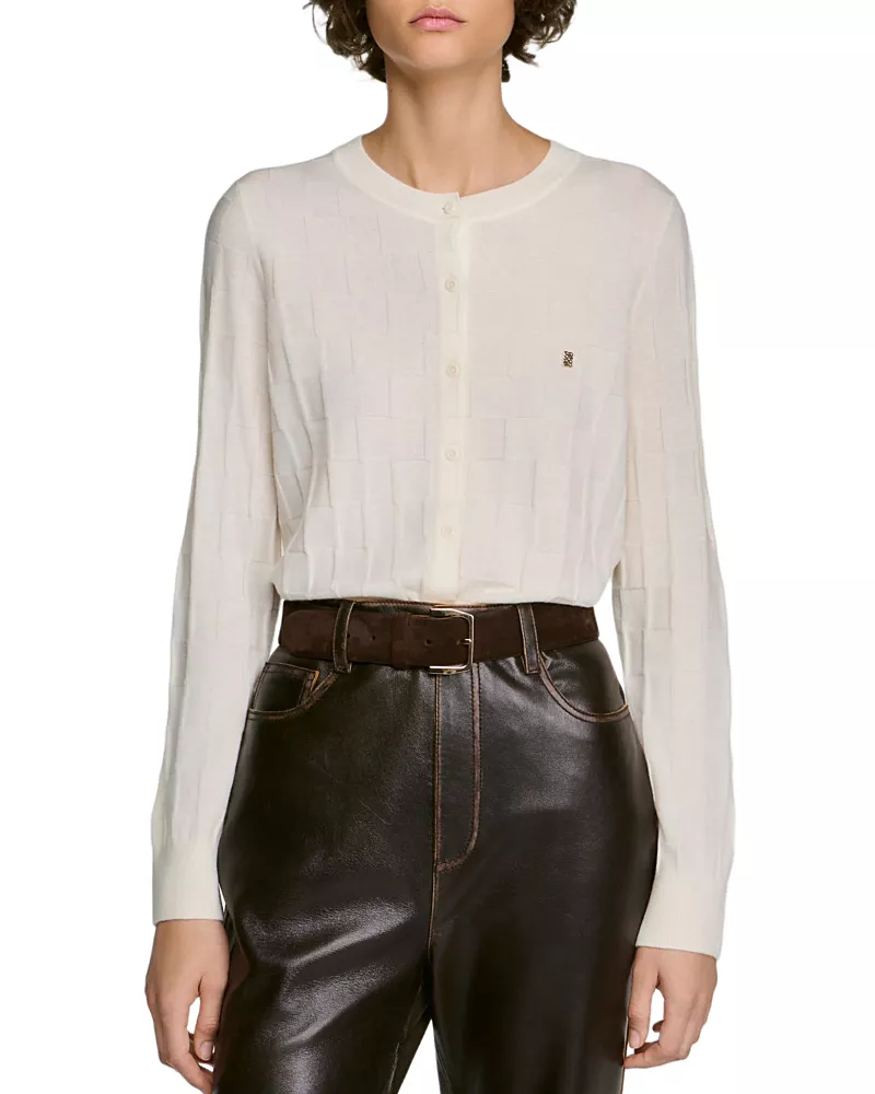 Sandro Aurel Wool Check Stitch Cropped Cardigan