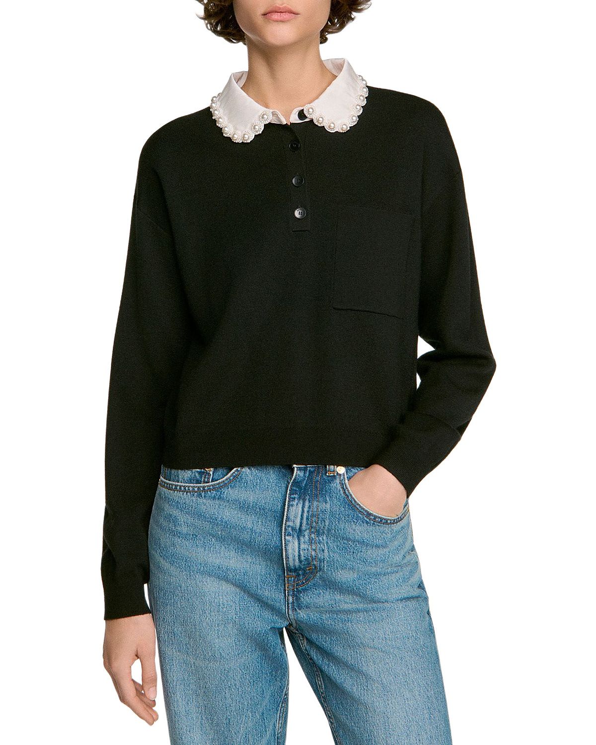 Sandro Fitzgerald Beaded Polo Collar Sweater