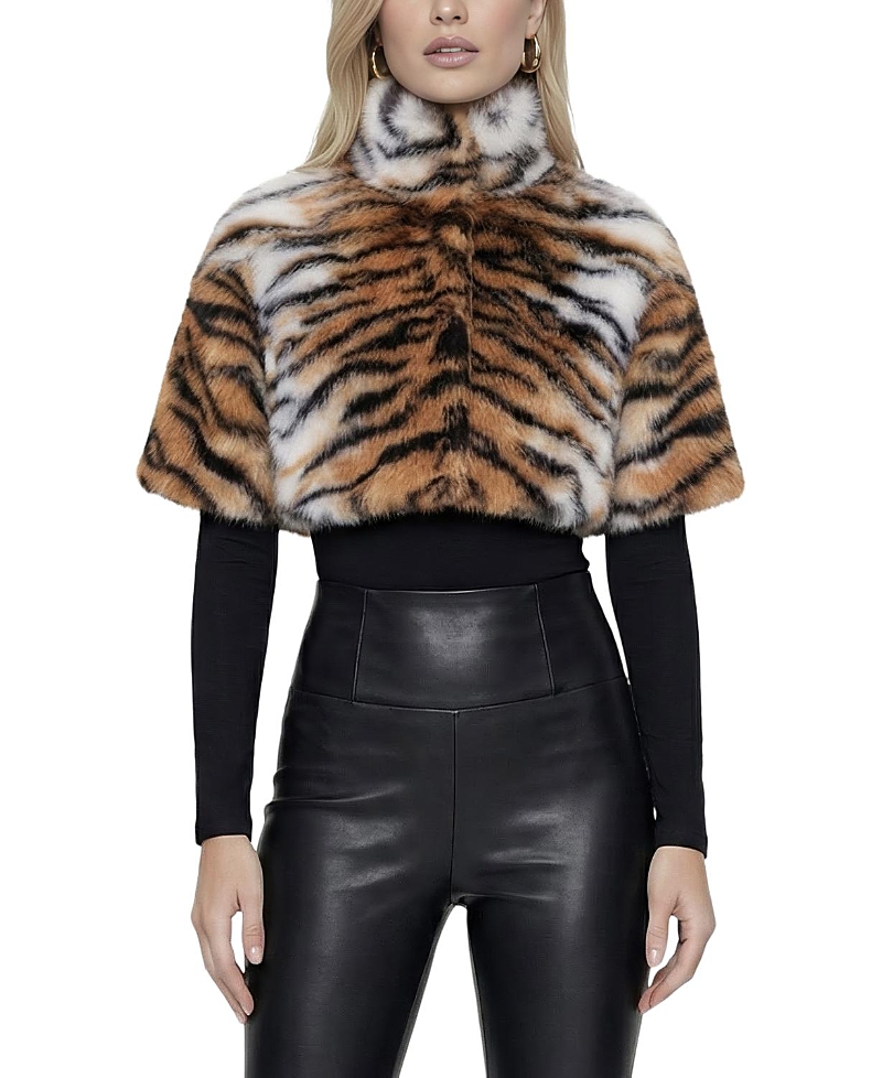Lyla Grant Faux Fur Fox Printed Bolero With Short Sleeves In Orange
