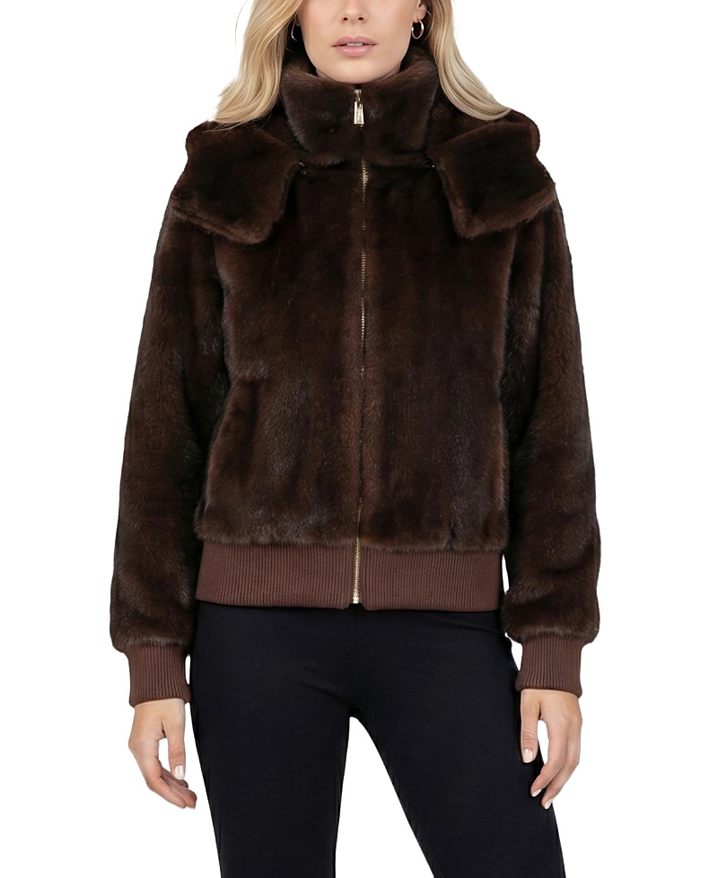 Lyla Grant Faux Fur Mink Hooded Jacket With Knitted Cuffs & Bottom In Brown