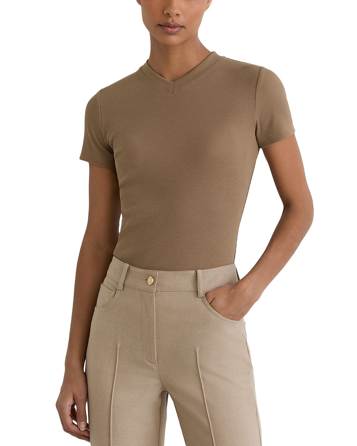 Reiss Addison Cotton Stretch High V Neck Ribbed Tee